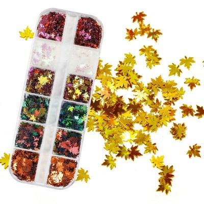 12 Grids 3D Beauty Nail Art Sequins Maple Leaves Round Nail  DIY Mixed Flash Decoration Stickers Glitter