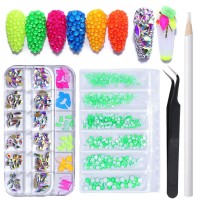 Gold Silver 12 Grids Multicolor Flatback Nail Art Crystal Rhinestones Shiny Mixed Sizes  AB Glass Accessories Tool